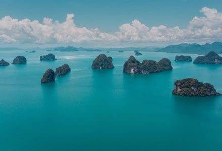 ariel view of the islands in thiland on a far east yacht charter