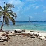 sailing boat in the distance, palm trees and a beach in the San Blas islands on a Caribbean catamaran charter